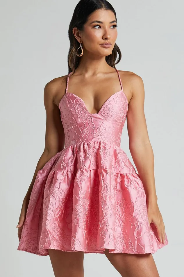 Clare Mini Dress 8211 Bust Panel Jacqauard Full Skirt Dress In Pink Women Showpo Dresses