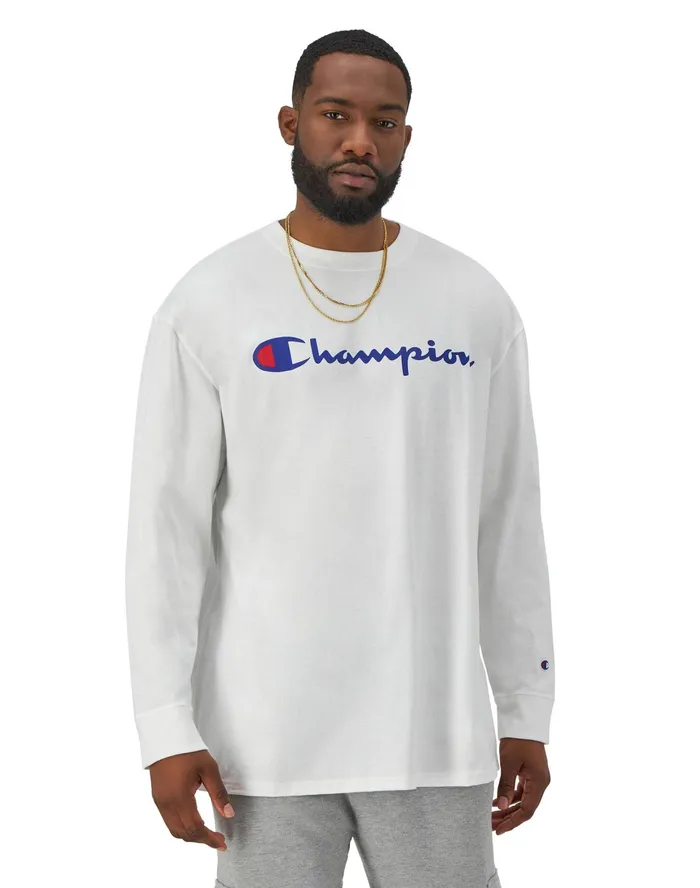 Classic Graphic LongSleeve TShirt Script Logo Big and Tall White Men Champion TShirts and Tops Classic Graphic LongSleeve TShirt Script Logo Big and Tall White Men Champion TShirts and Tops