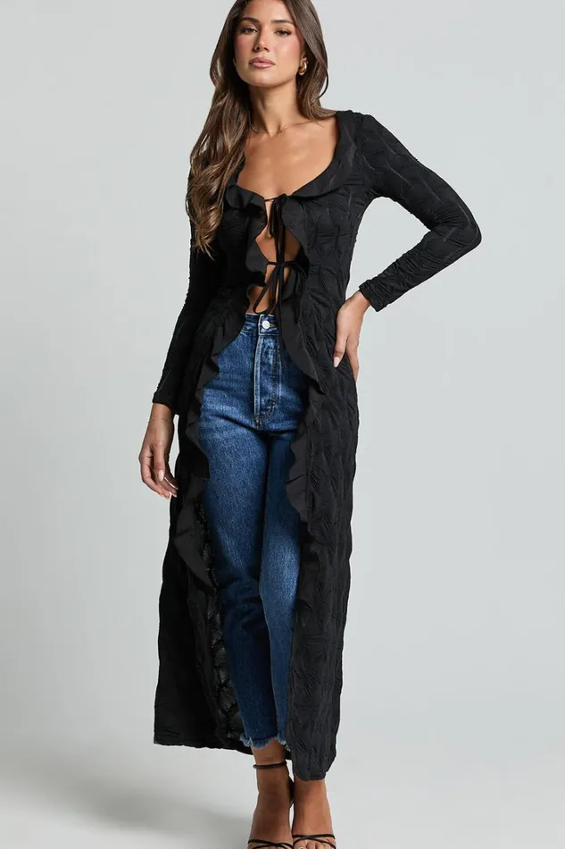 Claudia Longline Top 8211 Ruffle Tie Front Long Sleeve Top In Black Women Showpo Tops