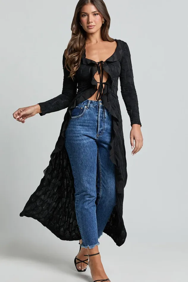Claudia Longline Top 8211 Ruffle Tie Front Long Sleeve Top In Black Women Showpo Tops