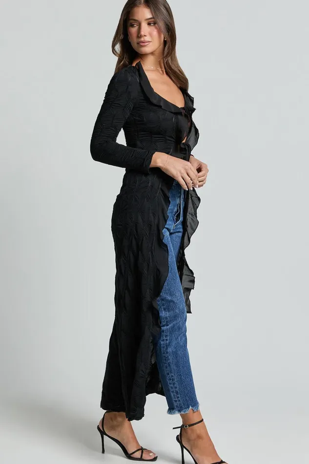Claudia Longline Top 8211 Ruffle Tie Front Long Sleeve Top In Black Women Showpo Tops