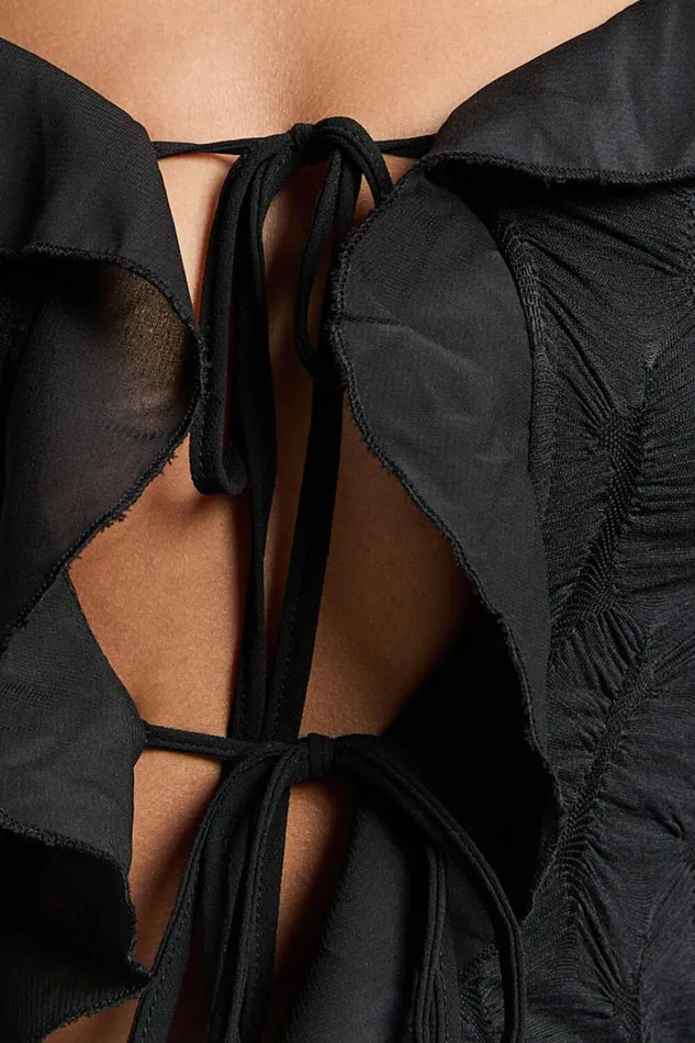 Claudia Longline Top 8211 Ruffle Tie Front Long Sleeve Top In Black Women Showpo Tops