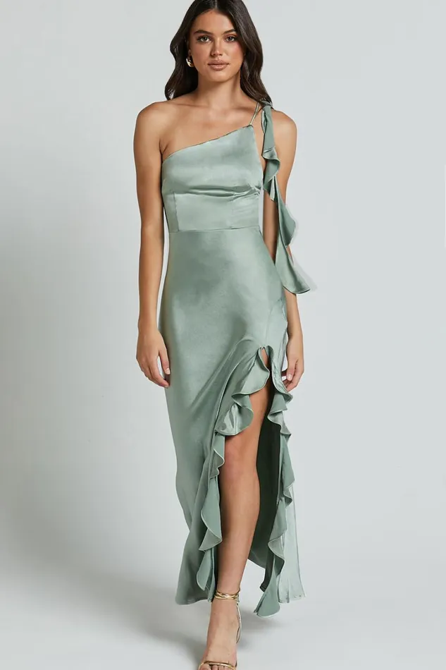 Cleo Midi Dress 8211 One Shoulder Ruffle Detail Satin Dress In Sage Women Showpo Dresses Cleo Midi Dress 8211 One Shoulder Ruffle Detail Satin Dress In Sage Women Showpo Dresses
