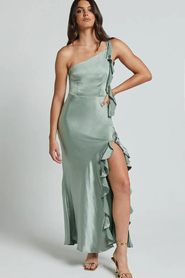 Cleo Midi Dress 8211 One Shoulder Ruffle Detail Satin Dress In Sage Women Showpo Dresses