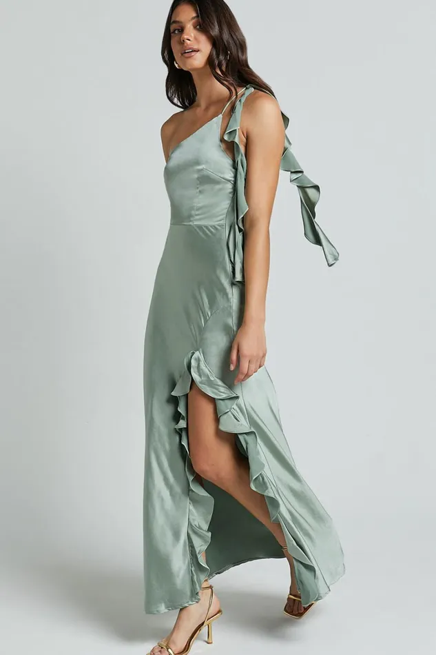 Cleo Midi Dress 8211 One Shoulder Ruffle Detail Satin Dress In Sage Women Showpo Dresses