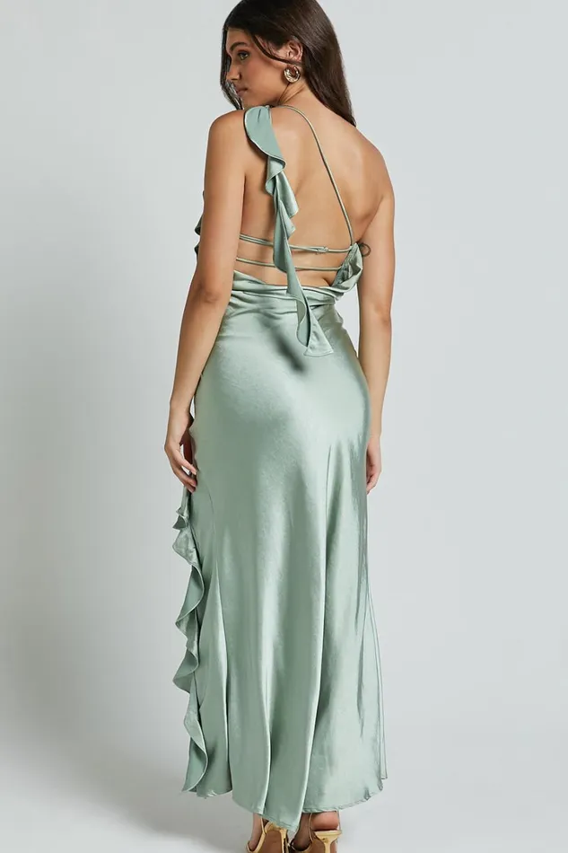 Cleo Midi Dress 8211 One Shoulder Ruffle Detail Satin Dress In Sage Women Showpo Dresses
