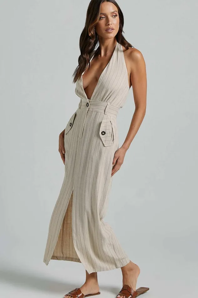Copellia Midi Dress 8211 Linen Look Plunge Halter Neck Front Split In Natural Women Showpo Dresses