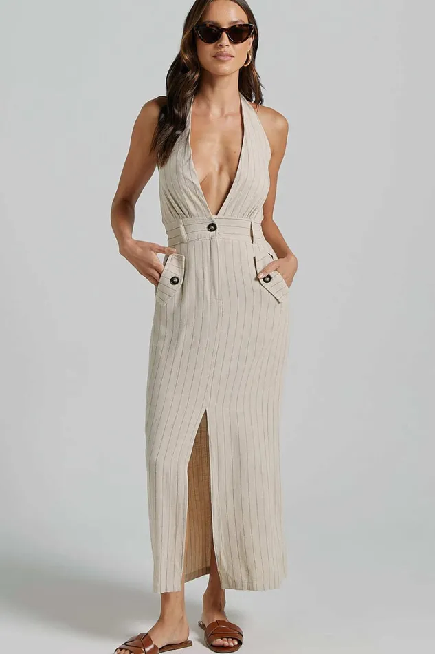 Copellia Midi Dress 8211 Linen Look Plunge Halter Neck Front Split In Natural Women Showpo Dresses