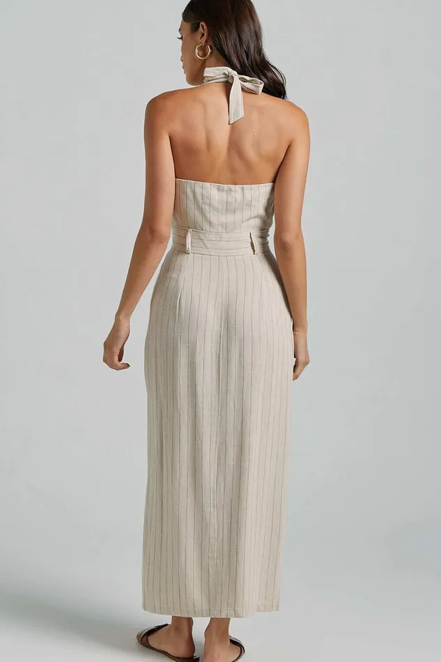 Copellia Midi Dress 8211 Linen Look Plunge Halter Neck Front Split In Natural Women Showpo Dresses