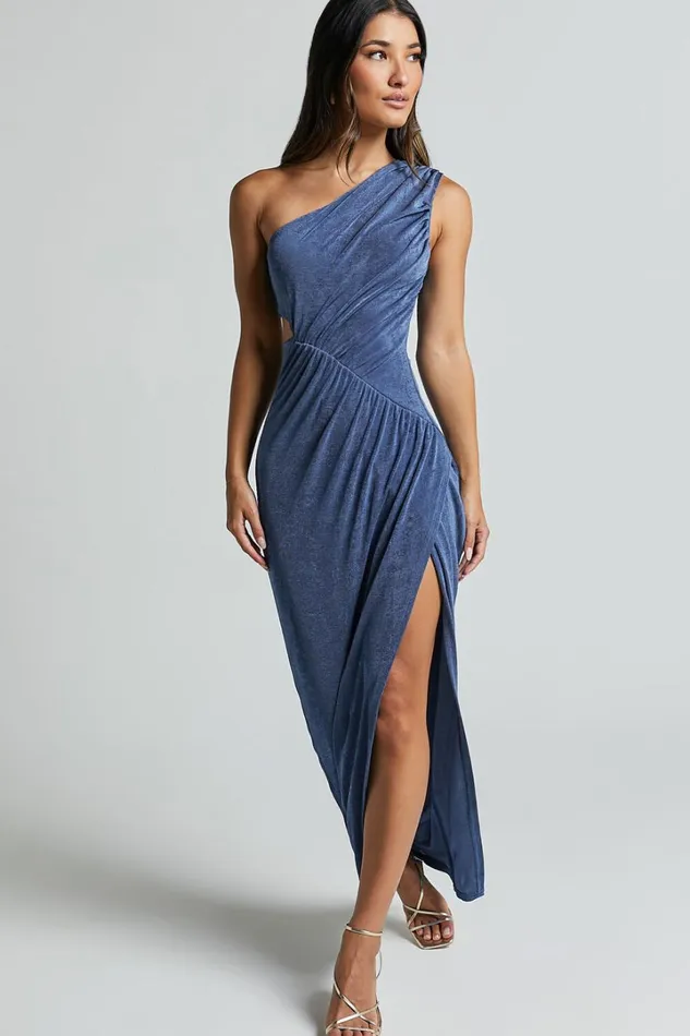 Cristle Midi Dress 8211 One Shoulder Side Cut Out Thigh Split Dress In Steel Blue Women Showpo Curve Clothes