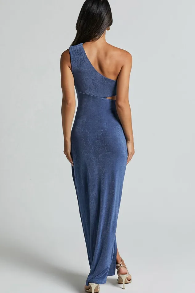 Cristle Midi Dress 8211 One Shoulder Side Cut Out Thigh Split Dress In Steel Blue Women Showpo Curve Clothes