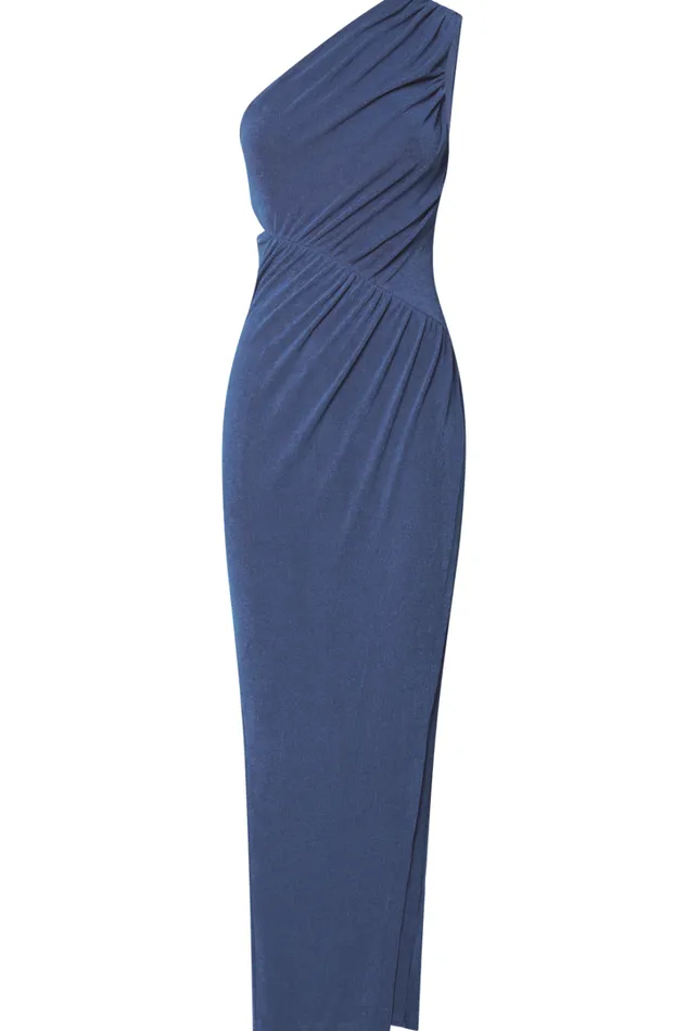 Cristle Midi Dress 8211 One Shoulder Side Cut Out Thigh Split Dress In Steel Blue Women Showpo Curve Clothes