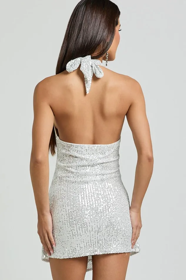 Cynthina Mini Dress 8211 Sequin Cowl Halter Neck Wrap Dress In Silver Women Showpo Dresses