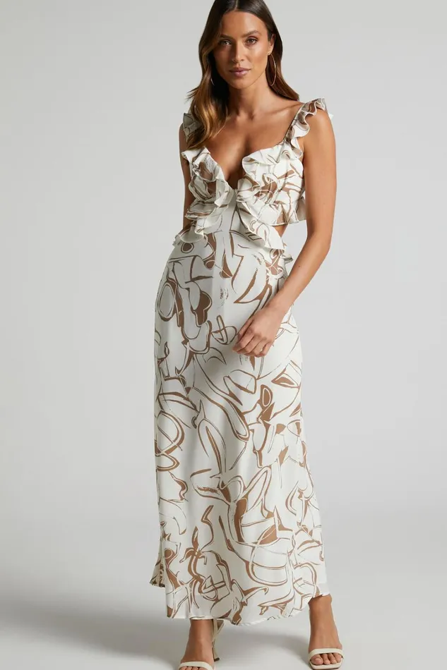 Dahlia Midi Dress 8211 Ruffle Details Slip Dress In Beige Swirl Women Showpo Dresses