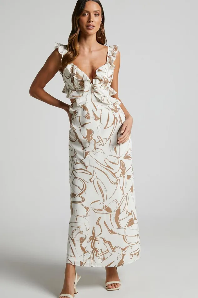 Dahlia Midi Dress 8211 Ruffle Details Slip Dress In Beige Swirl Women Showpo Dresses
