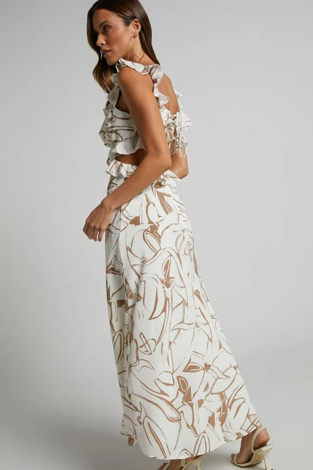 Dahlia Midi Dress 8211 Ruffle Details Slip Dress In Beige Swirl Women Showpo Dresses