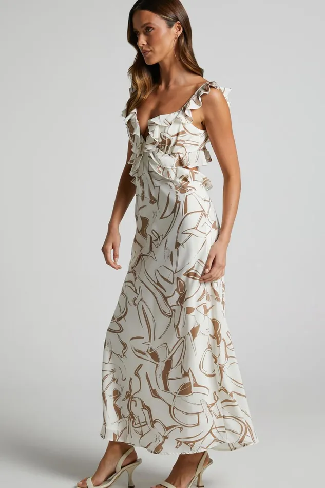 Dahlia Midi Dress 8211 Ruffle Details Slip Dress In Beige Swirl Women Showpo Dresses