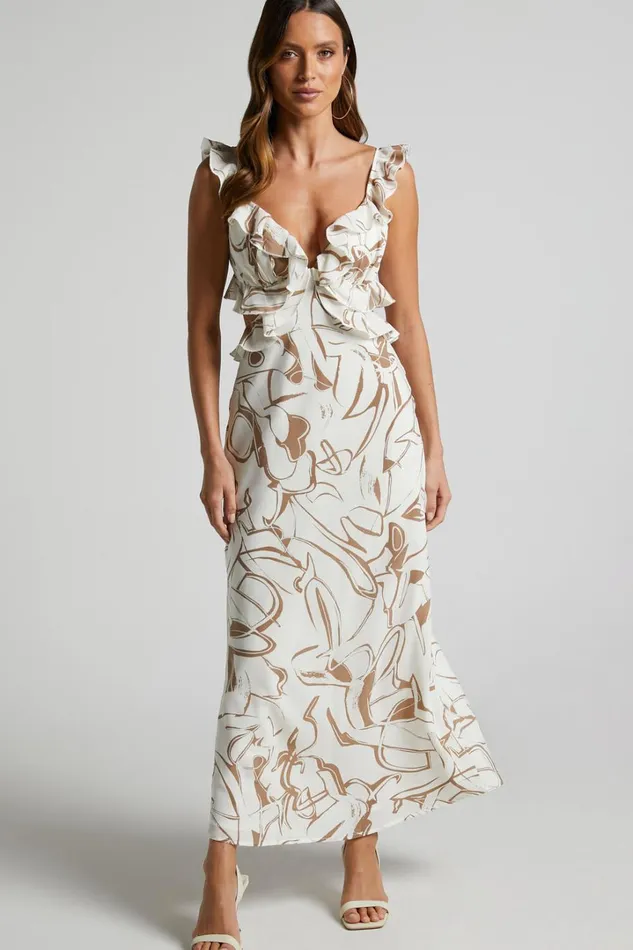 Dahlia Midi Dress 8211 Ruffle Details Slip Dress In Beige Swirl Women Showpo Dresses