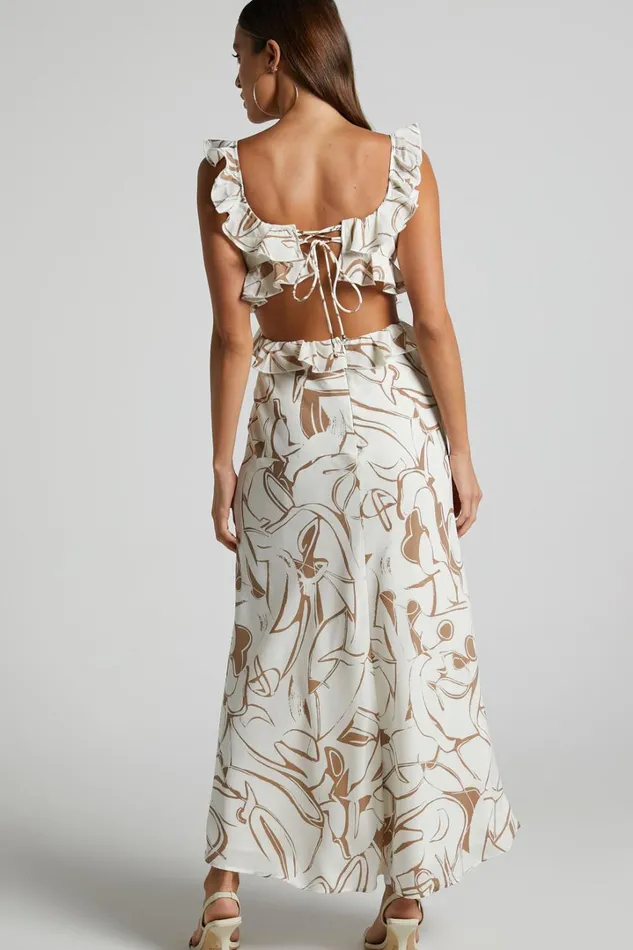 Dahlia Midi Dress 8211 Ruffle Details Slip Dress In Beige Swirl Women Showpo Dresses