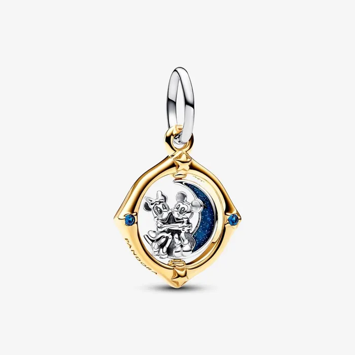 Dangle Charms Women Pandora Disney Mickey Mouse and Minnie Mouse Twotone Spinning Moon Dangle Charm