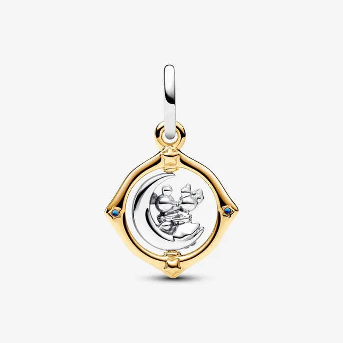 Dangle Charms Women Pandora Disney Mickey Mouse and Minnie Mouse Twotone Spinning Moon Dangle Charm