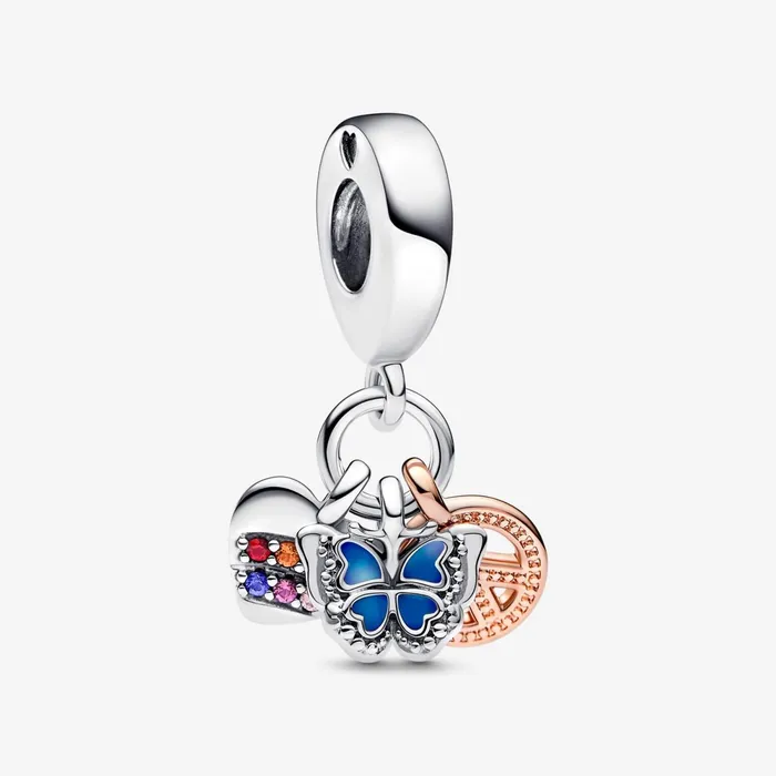 Dangle Charms Women Pandora TwoTone Rainbow Heart Butterfly and Peace Triple Dangle Charm
