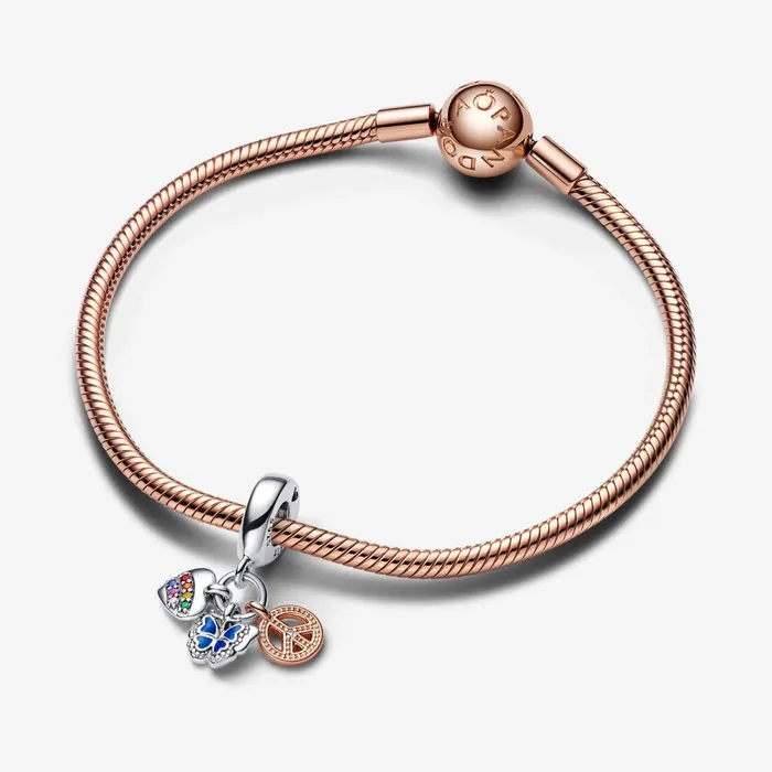 Dangle Charms Women Pandora TwoTone Rainbow Heart Butterfly and Peace Triple Dangle Charm