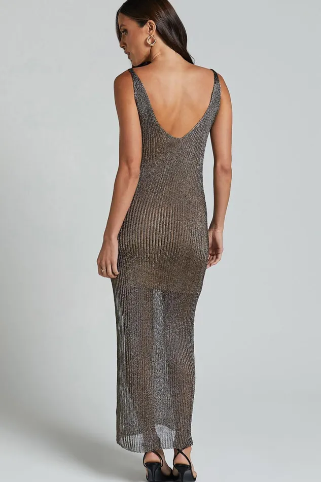 Daphie Maxi Dress 8211 Metallic Knitted Dress With Cami Slip Lining In Gold Women Showpo Dresses