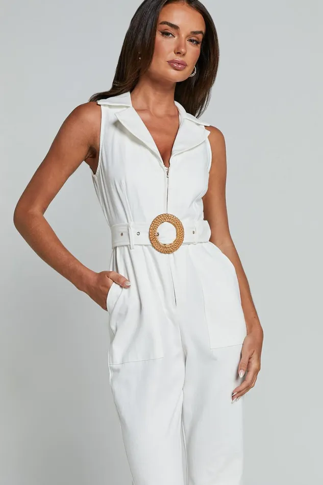 Darian Jumpsuit 8211 Collared Zip Front Belted Jumpsuit In Off White Women Showpo Jumpsuits