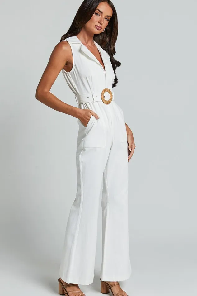 Darian Jumpsuit 8211 Collared Zip Front Belted Jumpsuit In Off White Women Showpo Jumpsuits