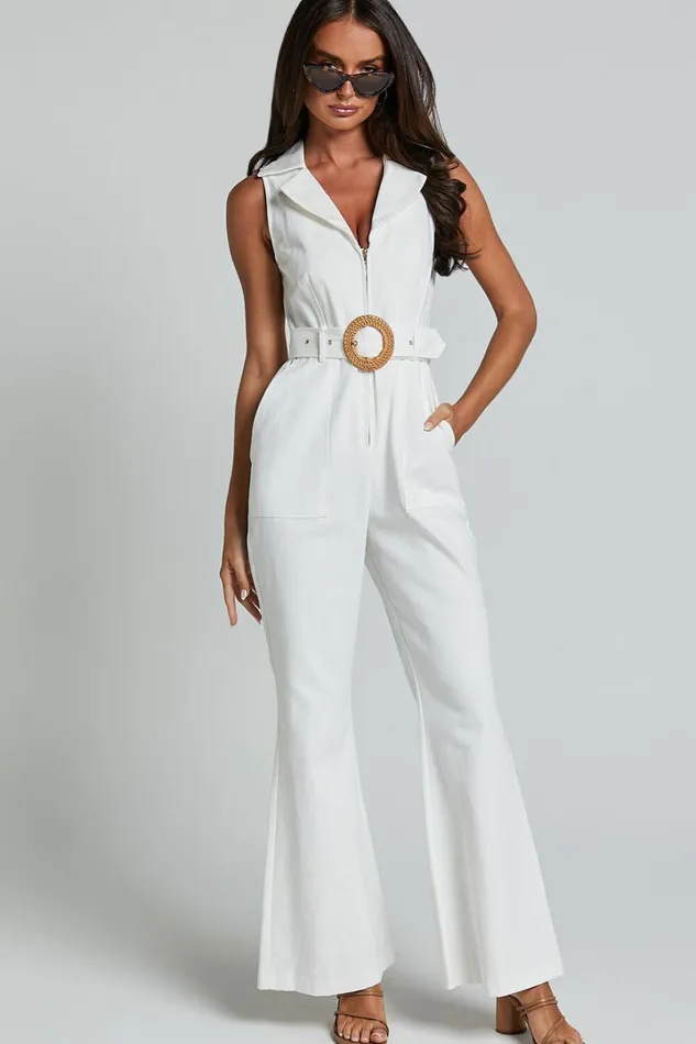 Darian Jumpsuit 8211 Collared Zip Front Belted Jumpsuit In Off White Women Showpo Jumpsuits