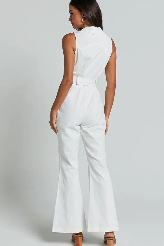 Darian Jumpsuit 8211 Collared Zip Front Belted Jumpsuit In Off White Women Showpo Jumpsuits