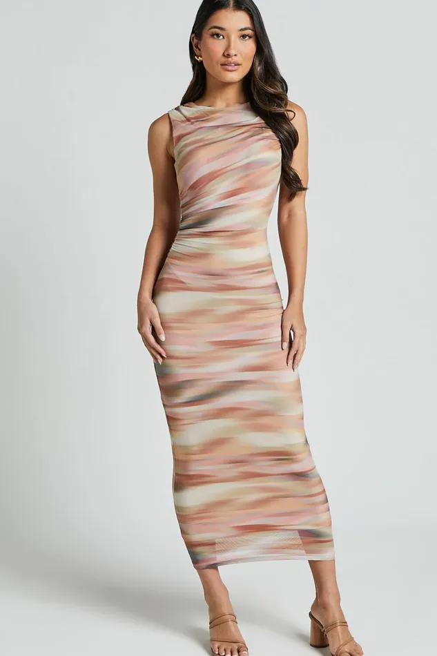 Delia Midi Dress 8211 Scoop Neck Bodycon Mesh Dress In Neutral Wave Print Women Showpo Dresses Delia Midi Dress 8211 Scoop Neck Bodycon Mesh Dress In Neutral Wave Print Women Showpo Dresses
