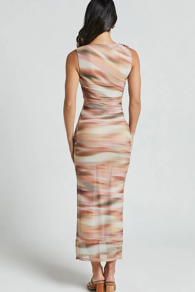Delia Midi Dress 8211 Scoop Neck Bodycon Mesh Dress In Neutral Wave Print Women Showpo Dresses