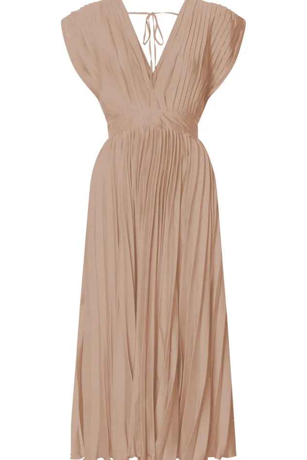 Della Midi Dress 8211 Plunge Neck Short Sleeve Pleated Dress In Champagne Women Showpo Dresses