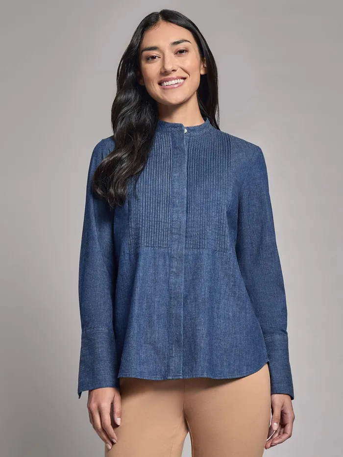 Denim ButtonFront Pintuck Top Women Jones New York Tops and Blouses