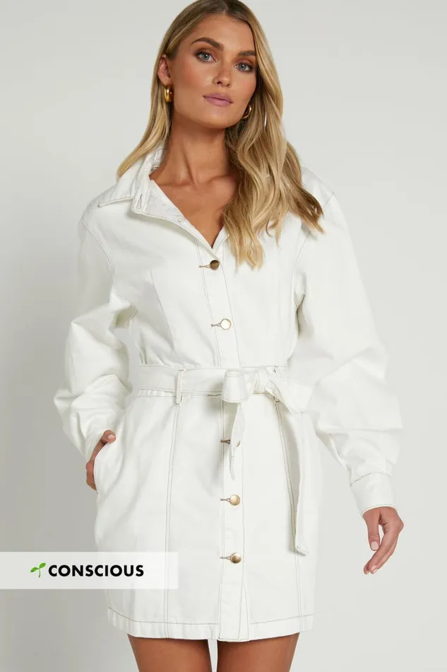 Desi Mini Dress 8211 Long Sleeve Collared Button Through Denim Dress In Off White Women Showpo Curve Clothes Desi Mini Dress 8211 Long Sleeve Collared Button Through Denim Dress In Off White Women Showpo Curve Clothes