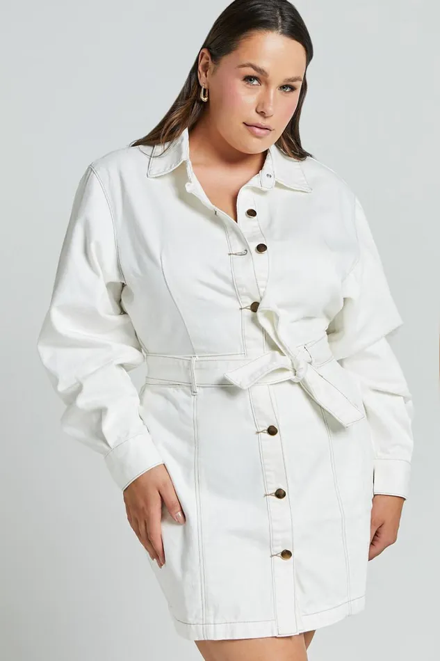 Desi Mini Dress 8211 Long Sleeve Collared Button Through Denim Dress In Off White Women Showpo Curve Clothes