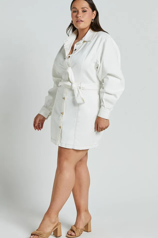 Desi Mini Dress 8211 Long Sleeve Collared Button Through Denim Dress In Off White Women Showpo Curve Clothes
