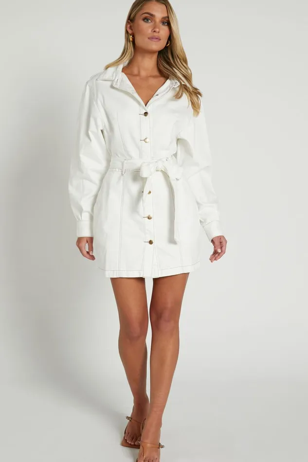 Desi Mini Dress 8211 Long Sleeve Collared Button Through Denim Dress In Off White Women Showpo Curve Clothes