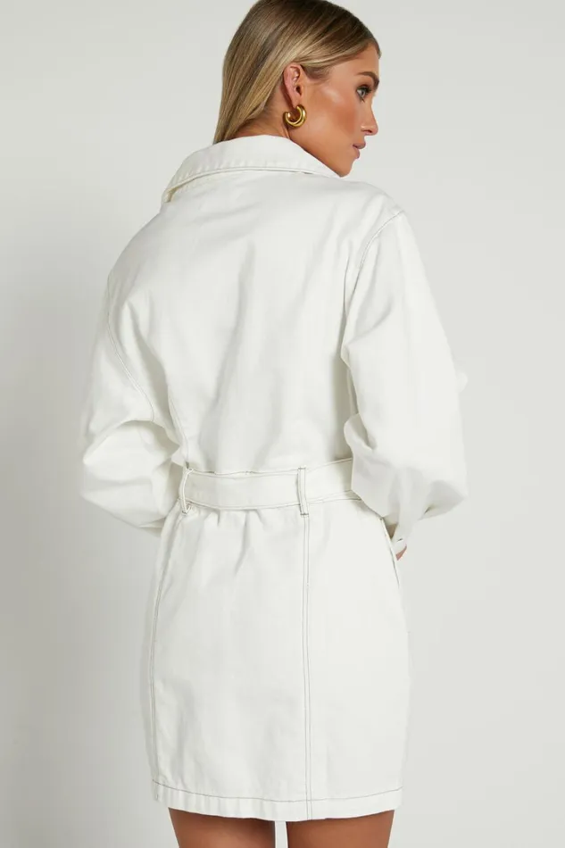 Desi Mini Dress 8211 Long Sleeve Collared Button Through Denim Dress In Off White Women Showpo Curve Clothes