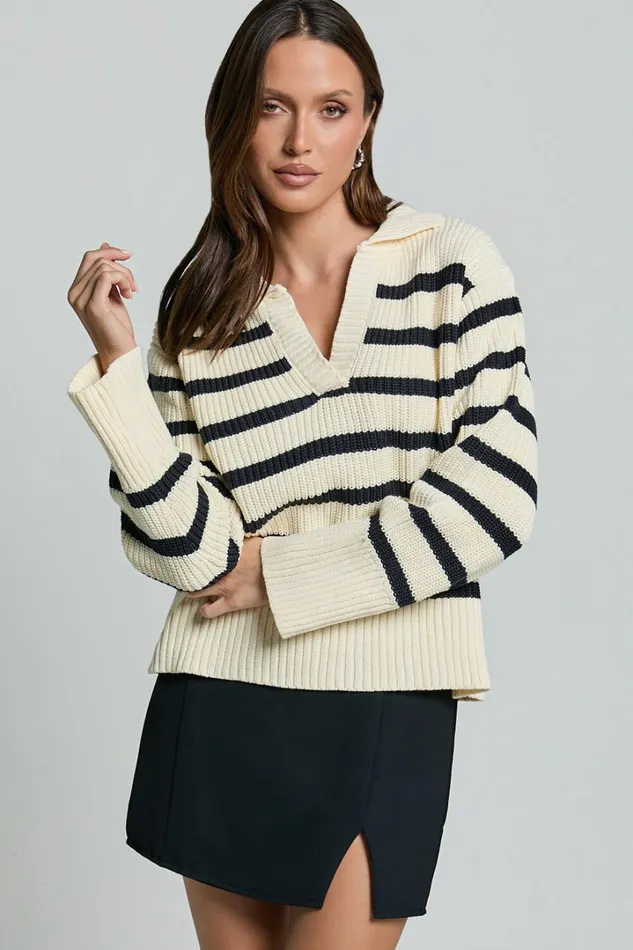 Devon Jumper 8211 Open Collar V Neck Stripe Knit Jumper In Black and Cream Stripe Women Showpo Sweaters and Cardigans Devon Jumper 8211 Open Collar V Neck Stripe Knit Jumper In Black and Cream Stripe Women Showpo Sweaters and Cardigans