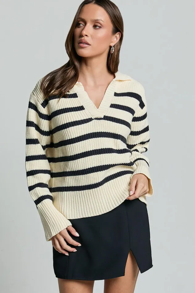 Devon Jumper 8211 Open Collar V Neck Stripe Knit Jumper In Black and Cream Stripe Women Showpo Sweaters and Cardigans