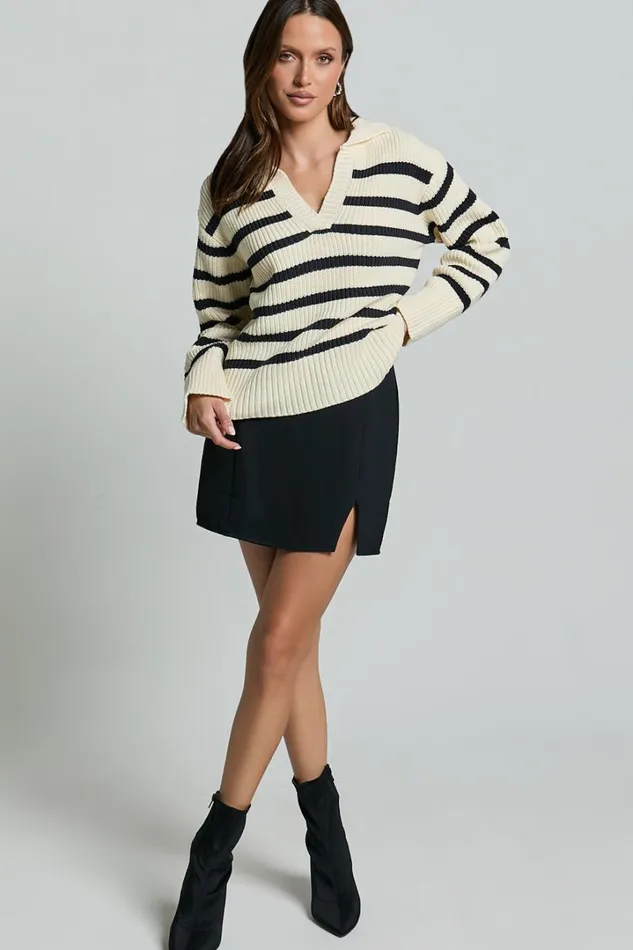 Devon Jumper 8211 Open Collar V Neck Stripe Knit Jumper In Black and Cream Stripe Women Showpo Sweaters and Cardigans