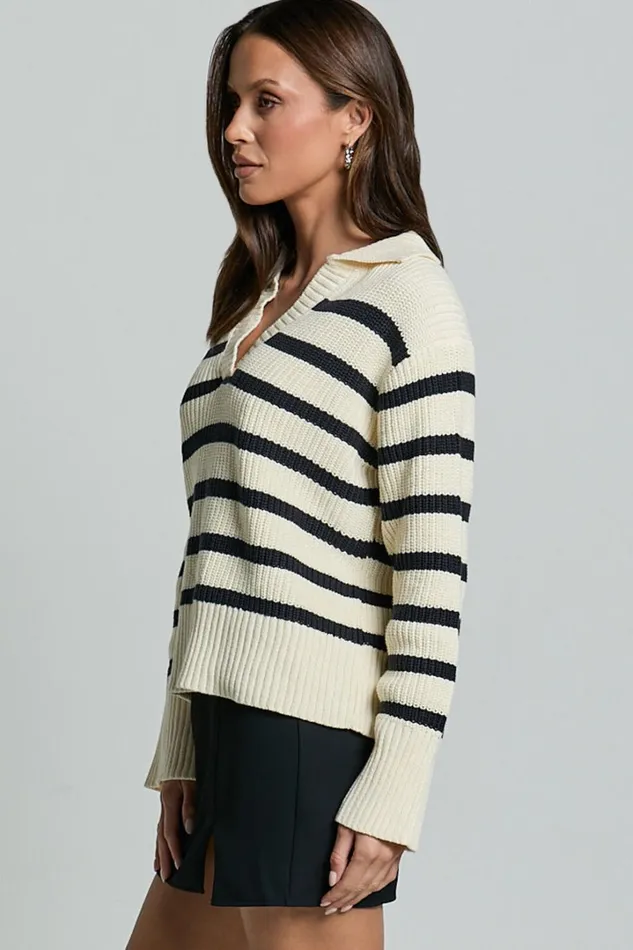 Devon Jumper 8211 Open Collar V Neck Stripe Knit Jumper In Black and Cream Stripe Women Showpo Sweaters and Cardigans