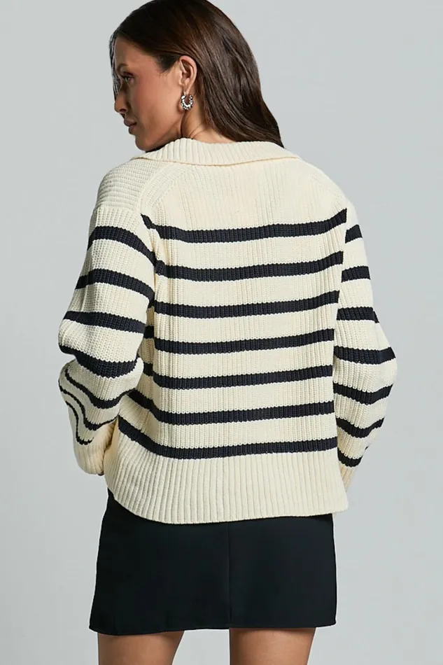 Devon Jumper 8211 Open Collar V Neck Stripe Knit Jumper In Black and Cream Stripe Women Showpo Sweaters and Cardigans