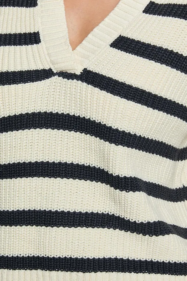 Devon Jumper 8211 Open Collar V Neck Stripe Knit Jumper In Black and Cream Stripe Women Showpo Sweaters and Cardigans