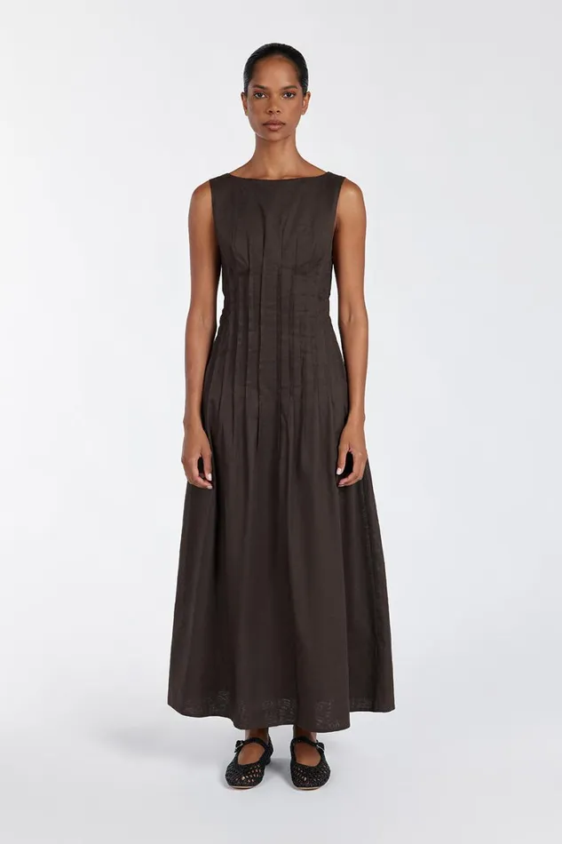 DISSH Midi Dresses MANA BITTER CHOC LINEN MIDI DRESS 8211 Women
