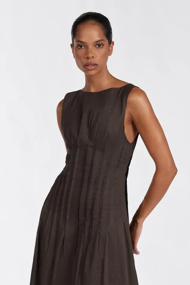 DISSH Midi Dresses MANA BITTER CHOC LINEN MIDI DRESS 8211 Women