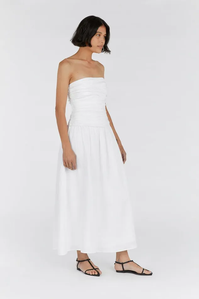 DISSH White Dresses CATANIA WHITE LINEN STRAPLESS DRESS 8211 Women
